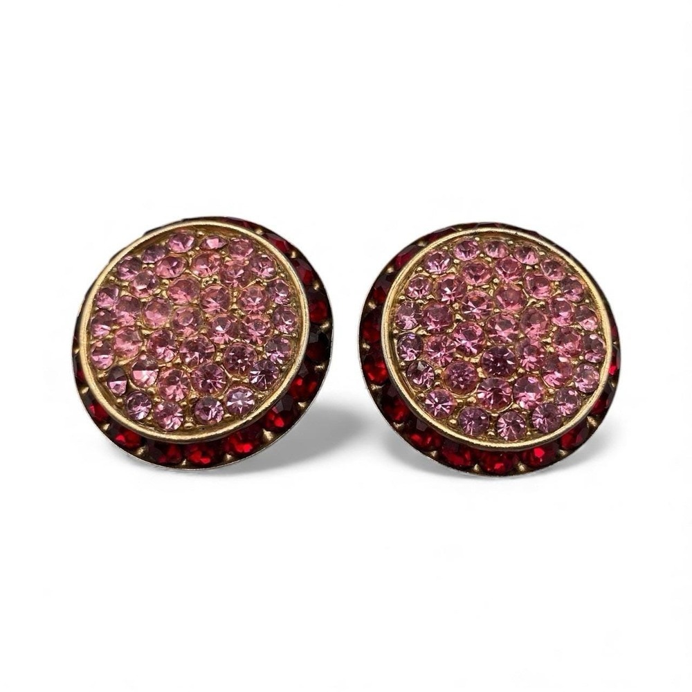 Vintage LISNER Pink Pavé Rhinestone Clip‎ On Earrings Signed Red Rim Gold Tone